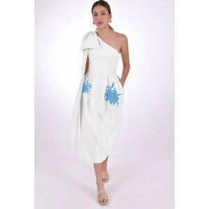Fanm Mon Idyl White Midi‎ Dress Floral Embroidered One Shoulder Bow Size XL NWT